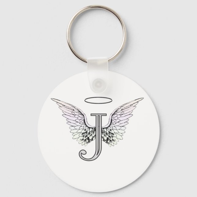 Letter J Initial Monogram with Angel Wings & Halo Keychain (Front)