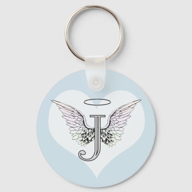 Letter J Initial Monogram with Angel Wings & Halo Keychain (Front)