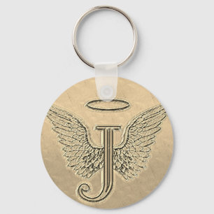 Letter J Initial Monogram with Angel Wings & Halo Keychain