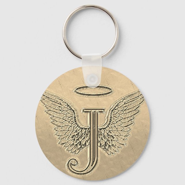 Letter J Initial Monogram with Angel Wings & Halo Keychain (Front)