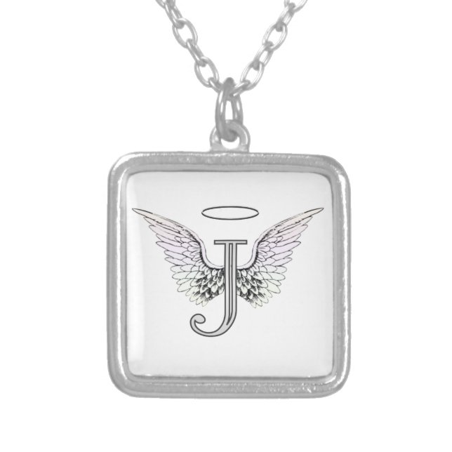 Letter J Initial Monogram with Angel Wings & Halo Silver Plated Necklace (Front)