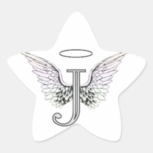 Letter J Initial Monogram with Angel Wings & Halo Star Sticker