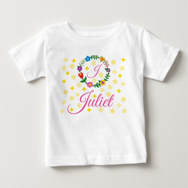 Letter J, Juliet, Tee, Flowers and Stars Baby T-Shirt (Front)