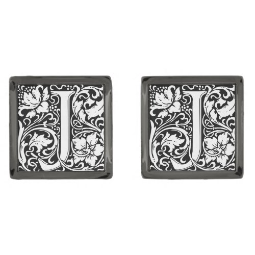 Letter J Medieval Monogram Art Nouveau Gunmetal Finish Cufflinks