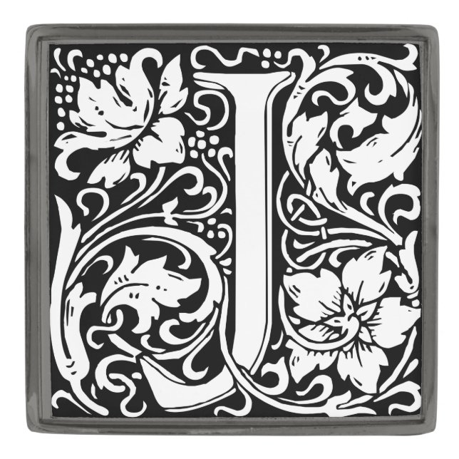 Letter J Medieval Monogram Art Nouveau Gunmetal Finish Lapel Pin (Front)