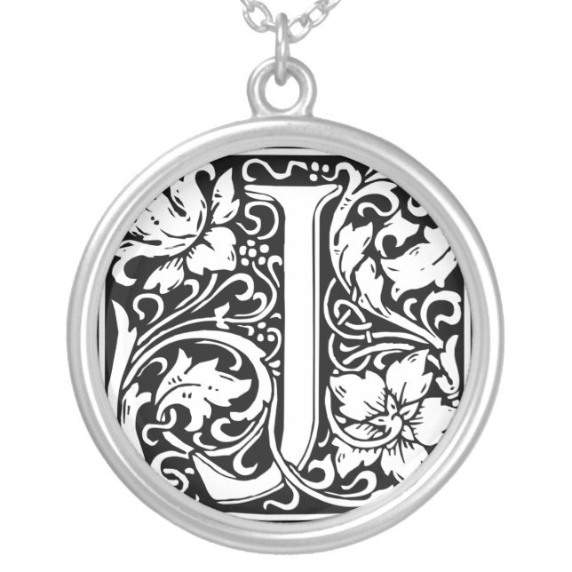 Letter J Medieval Monogram Art Nouveau Silver Plated Necklace (Front)
