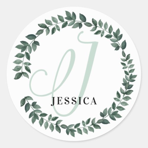 Letter J Monogram Custom Name Minimalist Botanical Classic Round Sticker