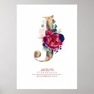 Letter J Monogram Floral Navy Blue and Burgundy Poster