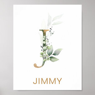 Letter J Monogram Green & gold foliage Nursery Poster
