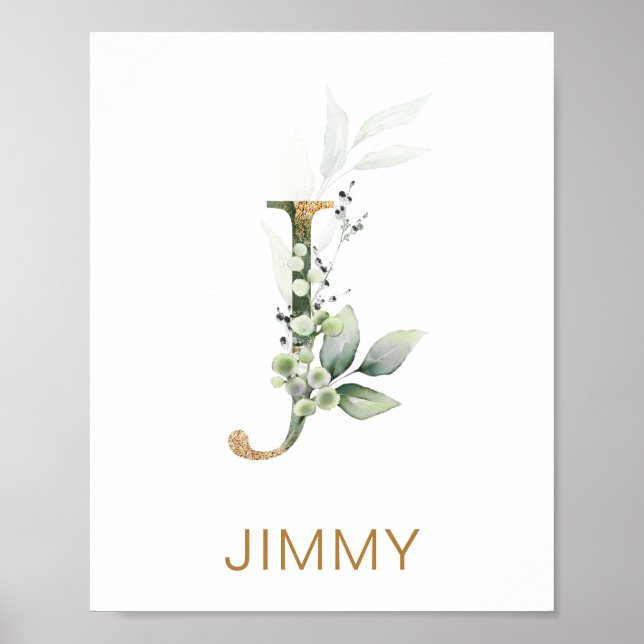Letter J Monogram Green & gold foliage Nursery Poster (Front)