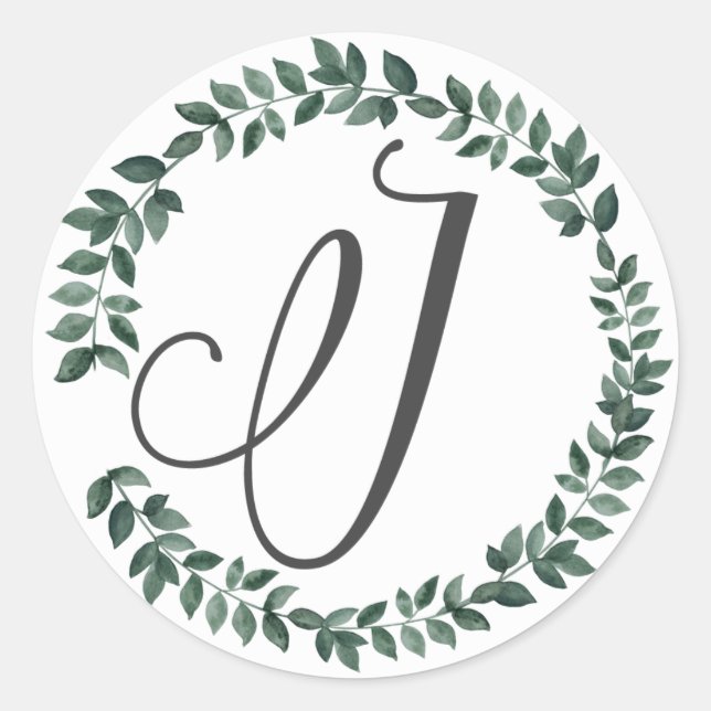 Letter J Monogram Minimalist Botanical Leaf Wreath Classic Round Sticker (Front)