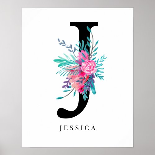 Letter J monogram pink floral watercolor nursery Poster