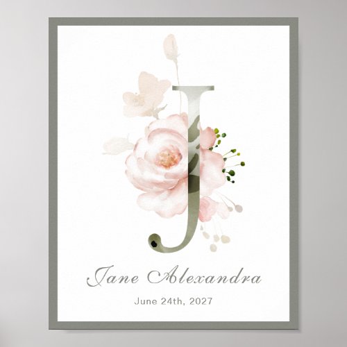 Letter J Monogram Pink White Floral Nursery Poster