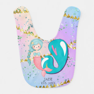 Letter J Monogram Watercolor Cute Mermaid Nursery Baby Bib