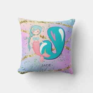 Letter J Monogram Watercolor Cute Mermaid Nursery Throw Pillow