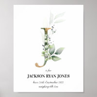 Letter J New Baby Monogram Birth Print Greenery