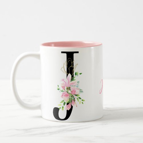 Letter J Pink Floral with Gold Accents  Two_Tone Coffee Mug