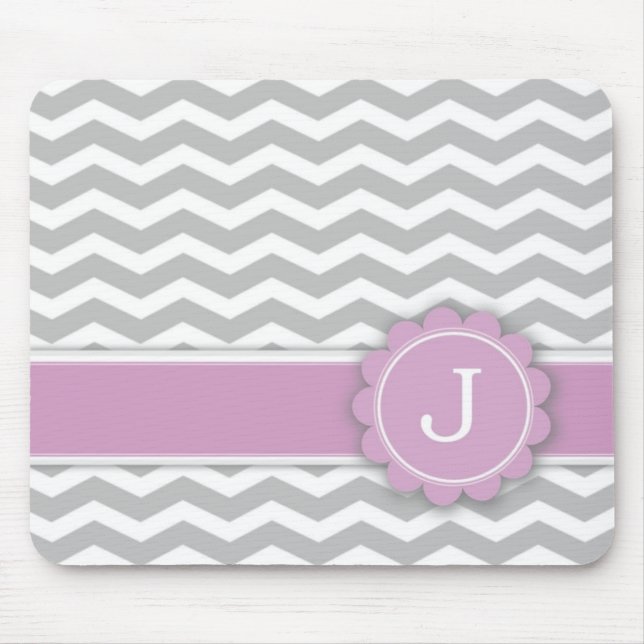 Letter J Pink Monogram Grey Chevron Mouse Pad (Front)