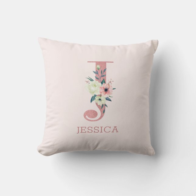 Letter J Pink Watercolor Floral Monogram Nursery Throw Pillow (Front)