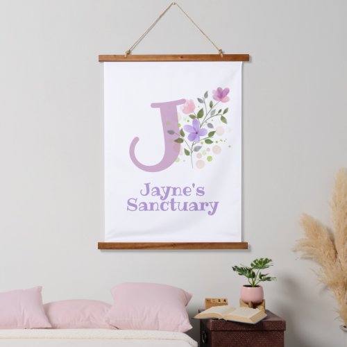 Letter J plus First Name with a Floral Design Hanging Tapestry