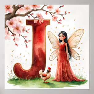 Letter J Rooster Cherry Blossom Fairy Poster Art