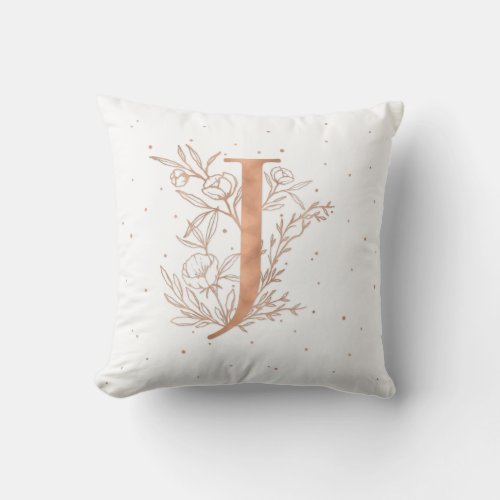 Letter J Rose Gold Monogram Botanical Illustration Throw Pillow