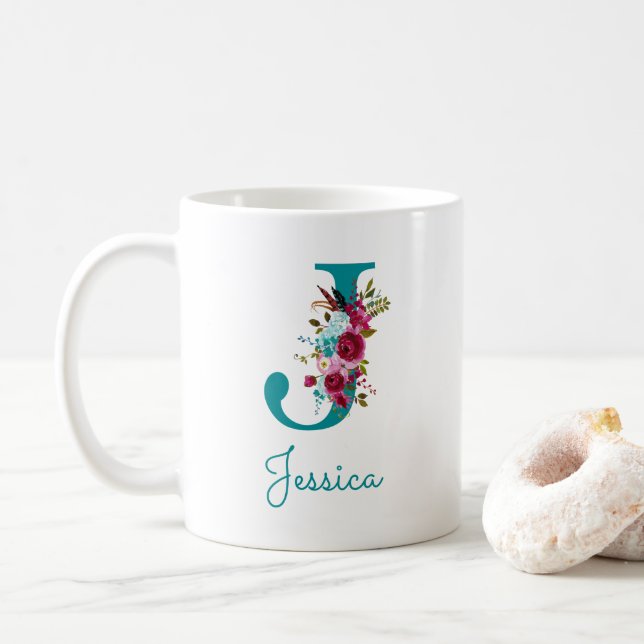 Letter J Teal Pink Floral Coffee Mug (With Donut)