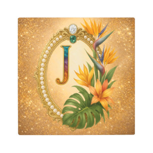 Letter J Tropical Monogram Gold Metal Wall Art