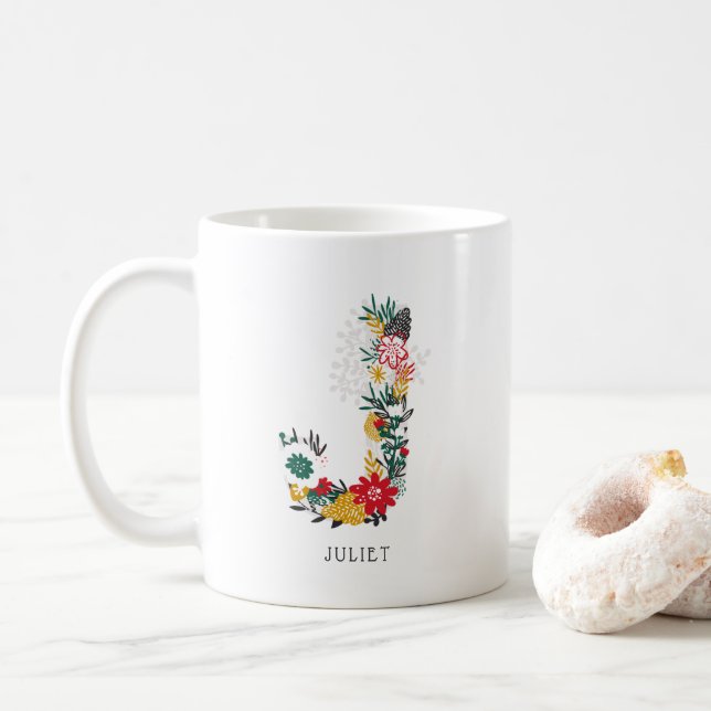 Letter J | Whimsical Floral Letter Monogram I Mug (With Donut)