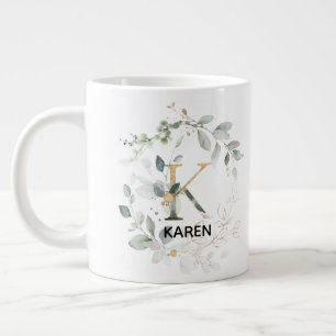 Letter 'K' Alphabet Initial w Name Greenery Wreath Giant Coffee Mug