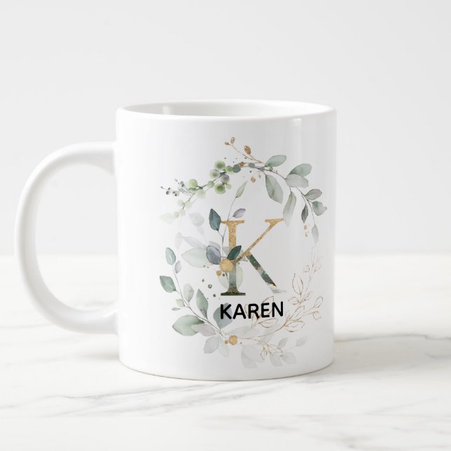 Letter 'K' Alphabet Initial w Name Greenery Wreath Giant Coffee Mug (Left)
