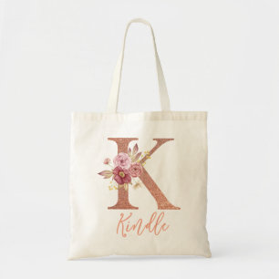 Letter k Blush pink Glitter Floral Monogram  Tote Bag