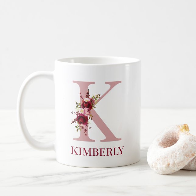 Letter K Burgundy Blush Floral Coffee Mug (With Donut)