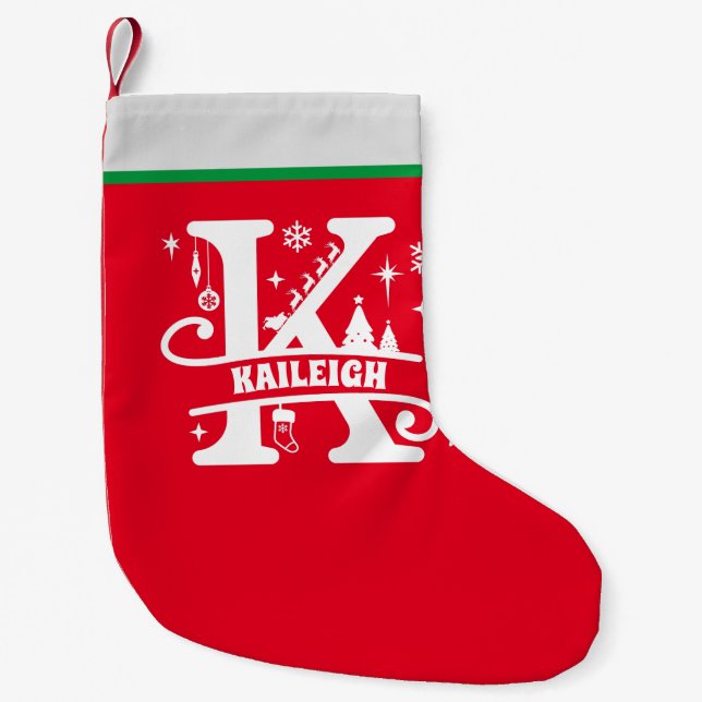Letter K Christmas Monogram Initial Name Red White Small Christmas Stocking (Front)