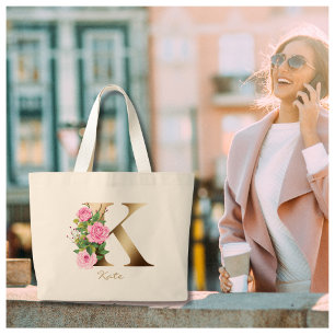 Letter K Elegant Floral Gold Monogram Pink Roses Large Tote Bag