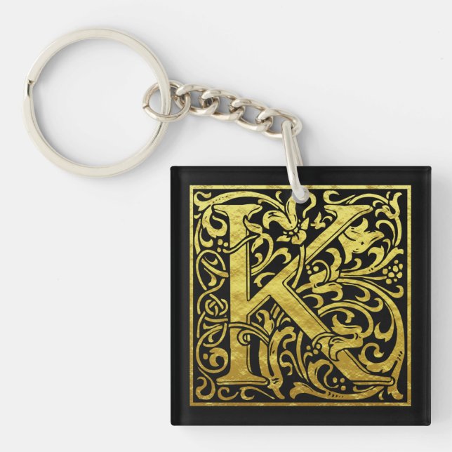Letter K First Letter Faux Gold and Black Keychain (Front)