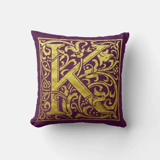 Letter K First Letter Faux Gold and Purple Throw Pillow (Front)