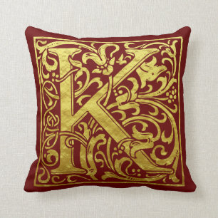 Letter K First Letter Faux Gold and Red Throw Pillow