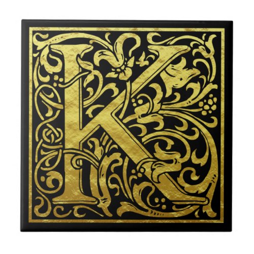 Letter K First Letter Faux Gold Black Ceramic Tile