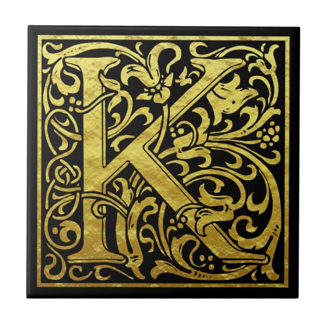 Letter K First Letter Faux Gold Black Ceramic Tile (Front)