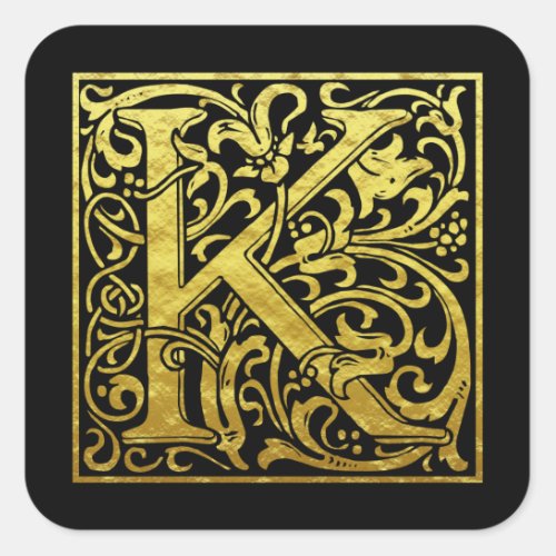 Letter K First Letter Faux Gold black Square Sticker