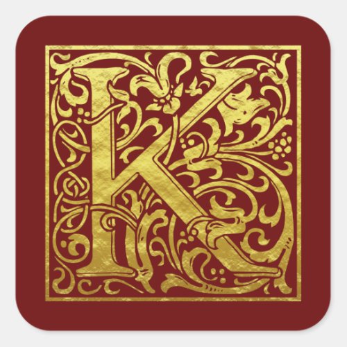 Letter K First Letter Faux Gold Red Square Sticker