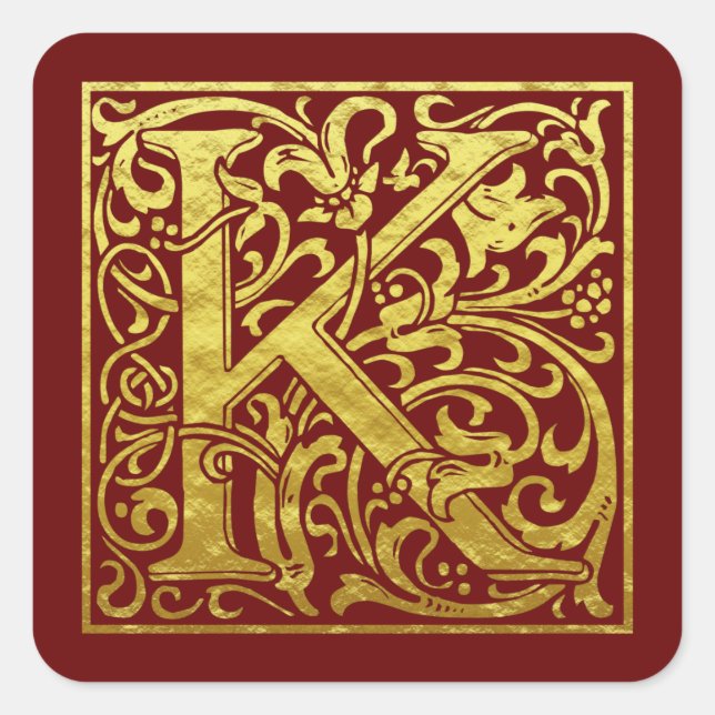 Letter K First Letter Faux Gold Red Square Sticker (Front)