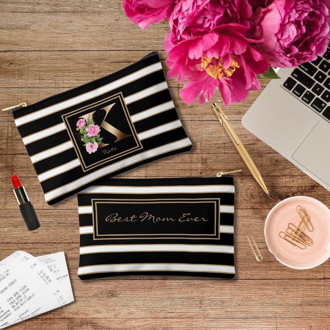 Letter K Floral Monogram Black White Gold Stripes Accessory Pouch (Creator Uploaded)