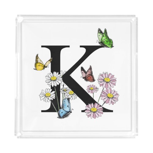 Letter K Floral Watercolor Butterfly Monogram Acrylic Tray