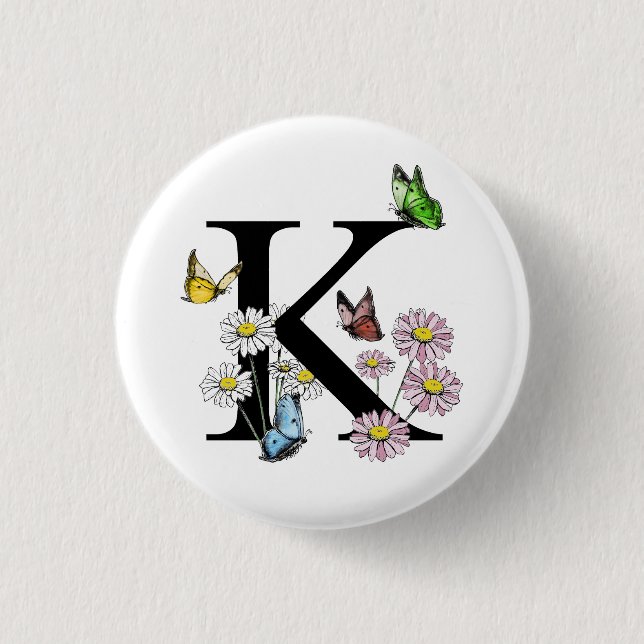 Letter K Floral Watercolor Butterfly Monogram Button (Front)