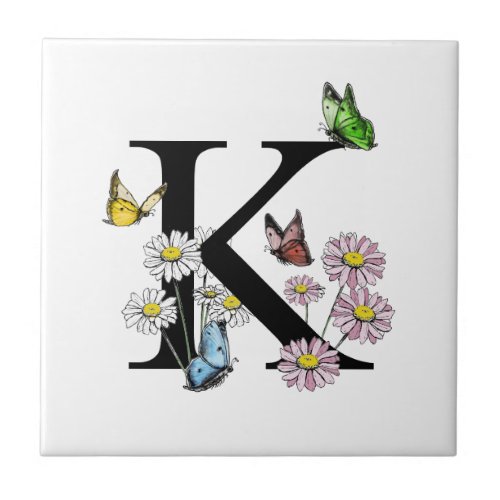 Letter K Floral Watercolor Butterfly Monogram Ceramic Tile