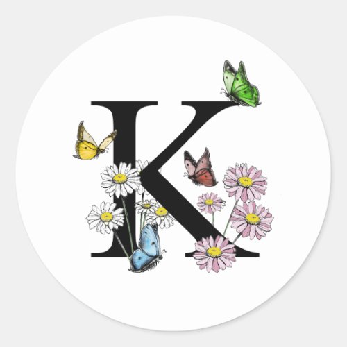 Letter K Floral Watercolor Butterfly Monogram  Classic Round Sticker
