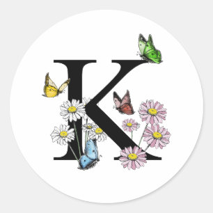 Letter K Floral Watercolor Butterfly Monogram Classic Round Sticker