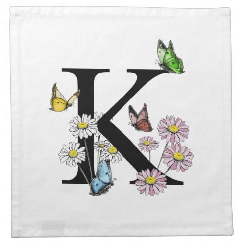 Letter K Floral Watercolor Butterfly Monogram Cloth Napkin